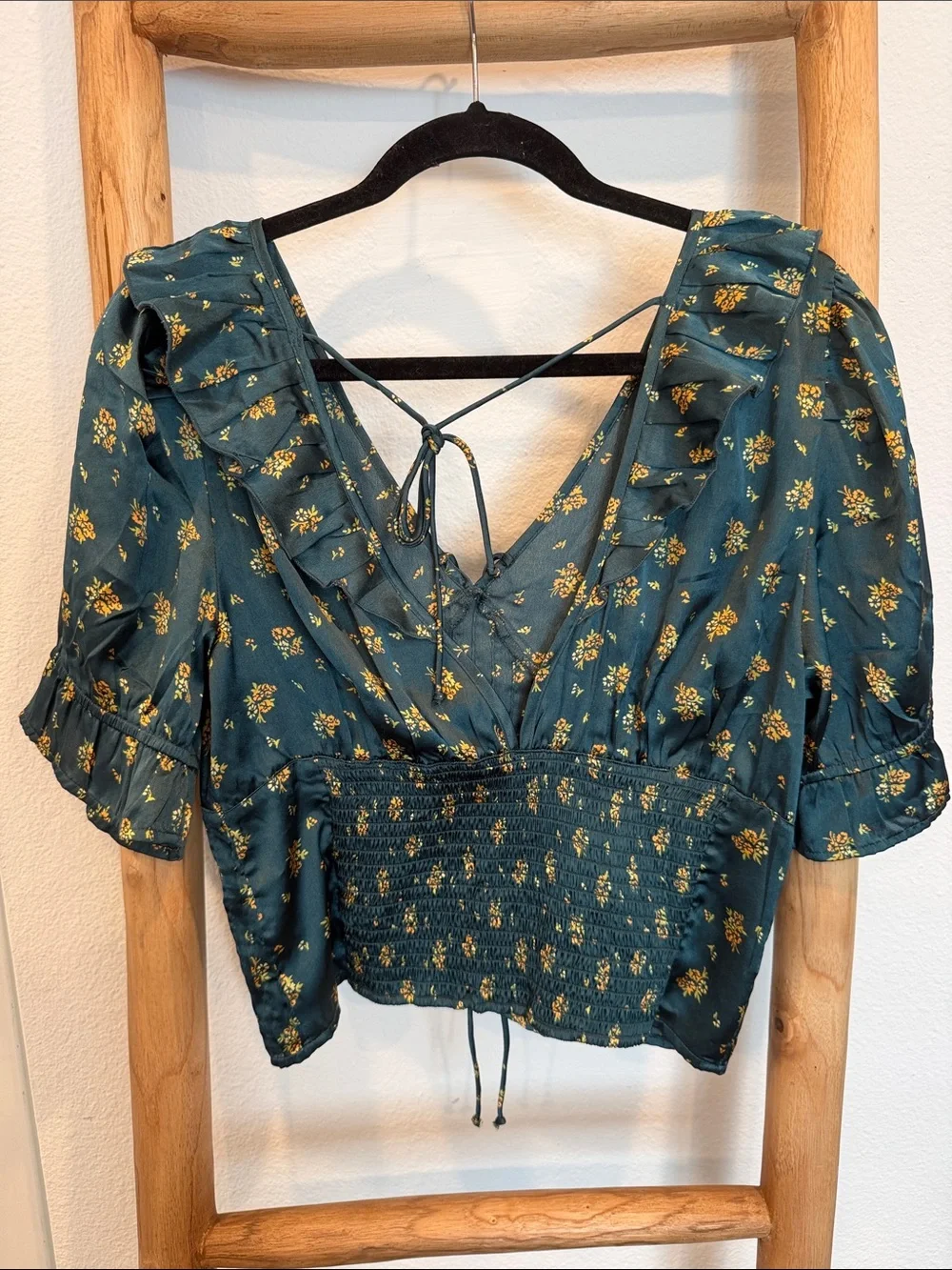 Free People Floral Ruffle V-Neck Blouse - Teal with Yellow Floral
